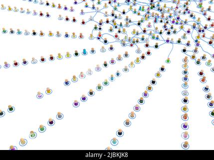 Folla di piccole figure simboliche 3D collegate da linee, sistema stratificato complesso code angolo, su bianco, orizzontale Foto Stock
