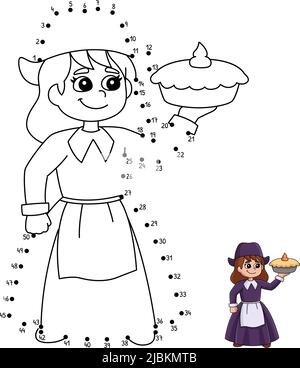 Puntino a Dot Thanksgiving Pilgrim Girl Holding Pie Illustrazione Vettoriale