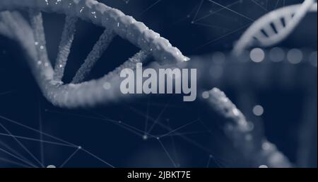 Immagine del filamento di dna sulla rete di connessioni su sfondo blu Foto Stock