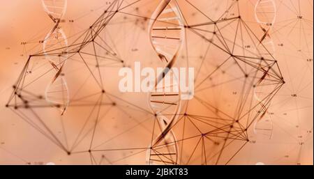 Immagine di filamenti di dna su rete di connessioni su sfondo rosa Foto Stock