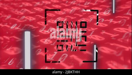 Immagine digitale dello scanner di codici qr in base all'elaborazione digitale della codifica binaria su sfondo rosso Foto Stock