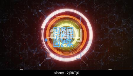 Immagine della scansione dell'ambito e della sicurezza online del codice qr con rete di connessioni in background Foto Stock