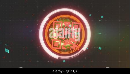 Immagine della scansione dell'oscilloscopio e dell'elaborazione dei dati di sicurezza del codice qr su sfondo nero Foto Stock