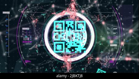 Immagine della scansione dell'ambito e della sicurezza online del codice qr con rete di connessioni in background Foto Stock