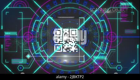 Immagine della scansione dell'oscilloscopio e del controllo di sicurezza del codice qr su sfondo nero Foto Stock