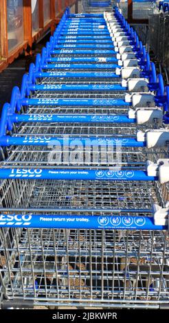 Una linea di piccoli trolley parcheggiati in un supermercato Tesco Extra a Sprowston, Norfolk, Inghilterra, Regno Unito. Foto Stock