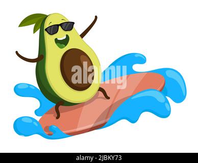 Allegro avocado frutta surfs sulle onde su tavola da surf. Cibi deliziosi e sani, verdure e frutta. Stile di vita sano. Vettore cartoon isolato o Illustrazione Vettoriale