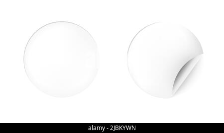 Mockup adesivo bianco rotondo. Cerchietto adesivo bianco con angolo arricciato, carta adesiva mascherata. Illustrazione Vettoriale