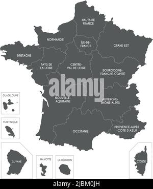 Mappa vettoriale della Francia con regioni e territori e divisioni amministrative. Livelli modificabili e chiaramente etichettati. Illustrazione Vettoriale