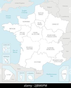 Mappa vettoriale della Francia con regioni e territori e divisioni amministrative e paesi vicini. Livelli modificabili e chiaramente etichettati. Illustrazione Vettoriale
