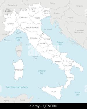 Mappa vettoriale dell'Italia con regioni e divisioni amministrative e paesi e territori limitrofi. Livelli modificabili e chiaramente etichettati. Illustrazione Vettoriale