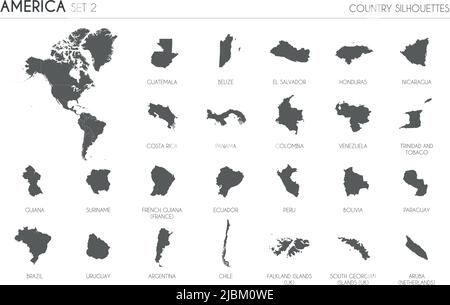 Set di 24 mappe di silhouette dettagliate dei paesi e territori americani, e mappa di illustrazione vettoriale americana. Illustrazione Vettoriale