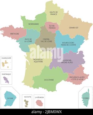 Mappa vettoriale della Francia con regioni e territori e divisioni amministrative. Livelli modificabili e chiaramente etichettati. Illustrazione Vettoriale
