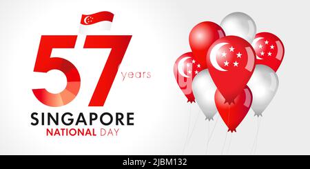 57 anni anniversario della Giornata Nazionale di Singapore. Happy Singapore Independence Day 9 agosto, festa della repubblica. Illustrazione vettoriale con bollature Illustrazione Vettoriale