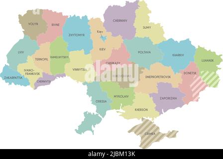 Mappa dell'Ucraina con regioni, divisioni amministrative e territori rivendicati dalla Russia. Livelli modificabili e chiaramente etichettati. Illustrazione Vettoriale