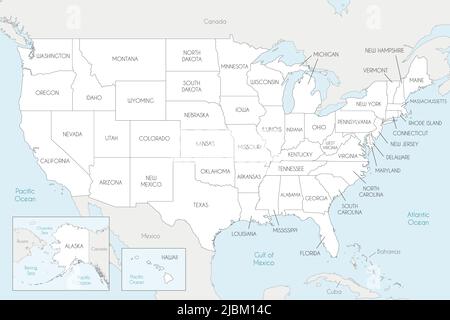 Mappa vettoriale degli Stati Uniti con stati e divisioni amministrative e paesi vicini. Livelli modificabili e chiaramente etichettati. Illustrazione Vettoriale