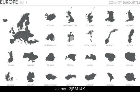 Set di 24 mappe di silhouette dettagliate di paesi e territori europei e mappa di illustrazione vettoriale europea. Illustrazione Vettoriale