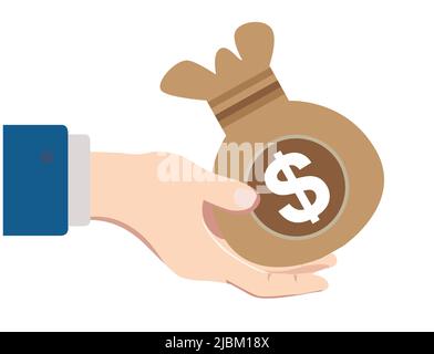 icone del mercato azionario e del commercio della mano e del sacchetto di soldi. Su sfondo bianco Illustrazione Vettoriale