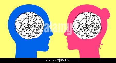 L'uomo e la donna si guardano con pensieri caotici nel loro cervello. Relazioni di genere concetto psicologico illustrazione vettoriale. Illustrazione Vettoriale