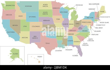 Mappa vettoriale degli Stati Uniti con stati e divisioni amministrative. Livelli modificabili e chiaramente etichettati. Illustrazione Vettoriale