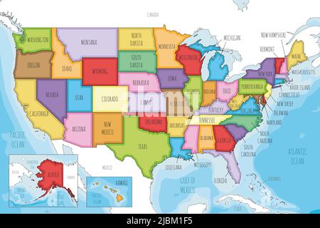Mappa illustrata vettoriale degli Stati Uniti con stati e divisioni amministrative, e paesi vicini. Livelli modificabili e chiaramente etichettati. Illustrazione Vettoriale