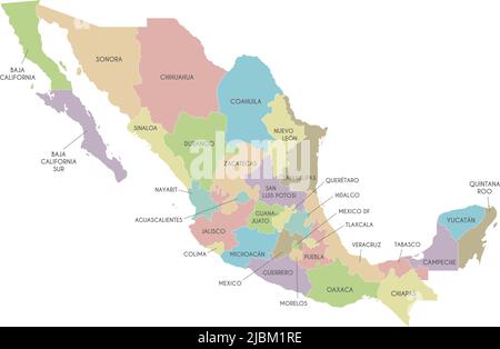 Mappa vettoriale del Messico con regioni o stati e divisioni amministrative. Livelli modificabili e chiaramente etichettati. Illustrazione Vettoriale