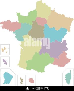 Mappa vettoriale in bianco della Francia con regioni e territori e divisioni amministrative. Livelli modificabili e chiaramente etichettati. Illustrazione Vettoriale