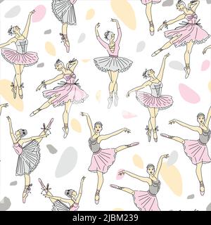 Ripetizione senza giunture. Ballerino donna set di disegno linea continua in rosa. Illustrazione della tendenza della danza. Illustrazione Vettoriale