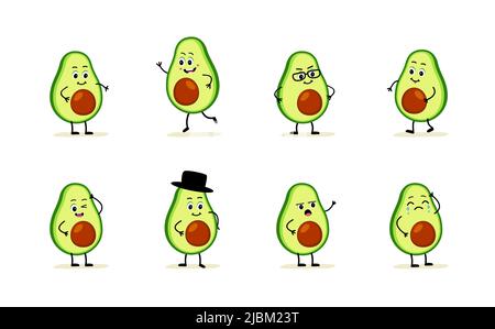 personaggio avocado con faccia divertente. Allegro set di emoji fumetto carino. Stile comico simpatico e divertente. Illustrazione vettoriale cartoon piatta isolata su sfondo bianco gr Illustrazione Vettoriale