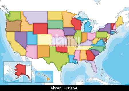 Il vettore ha illustrato la mappa vuota degli Stati Uniti con gli stati e le divisioni amministrative e i paesi vicini. Livelli modificabili e chiaramente etichettati. Illustrazione Vettoriale