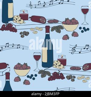 Motivo vettoriale senza cuciture con piatto di cibo e vino su sfondo blu. Semplice e rilassante tappezzeria. Tessuto decorativo di moda snack. Illustrazione Vettoriale