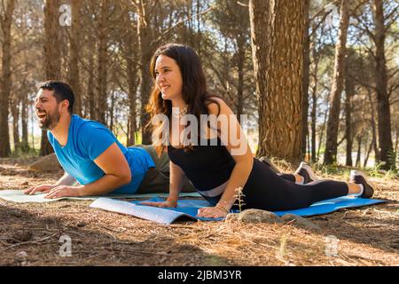 Gli amici praticano lo yoga insieme al tramonto in una foresta con i loro tappetini a terra. Foto Stock