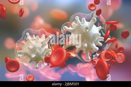 Infezione batterica nel sangue. I virus attaccano il corpo umano. Microrganismi, germi e microbi. 3D illustrazione colorata sulla microbiologia Foto Stock