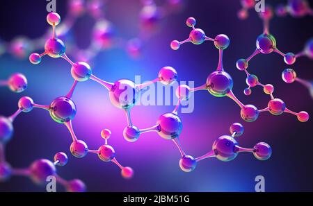 Studi medici di strutture molecolari. La scienza al servizio dell'uomo. Tecnologie del futuro nella nostra vita. 3D illustrazione di un modello di molecola Foto Stock