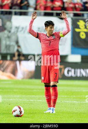 6 Giugno 2022 - Daejeon, Corea del Sud : il giocatore sudcoreano Son Heung-min, durante la partita amichevole tra Corea del Sud e Cile al Daejeon World Cup Stadium di Daejeon, Corea del Sud, il 6 Giugno 2022. Corea del Sud-Cile segno 2-0. (Foto di: Lee Young-ho/Sipa USA) Foto Stock