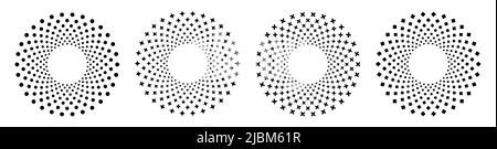 Set vettoriale di oggetti geometrici ornamentali rotondi con punti, stelle, croci e cubi, isolati su sfondo bianco. Illustrazione Vettoriale