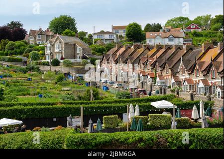 Case su Common Lane, birra, Devon, con vista sulla spiaggia Foto Stock