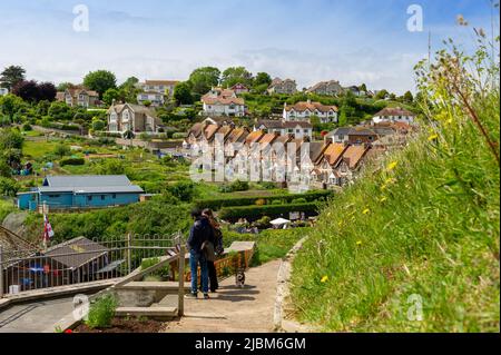 Case su Common Lane, birra, Devon, con vista sulla spiaggia Foto Stock