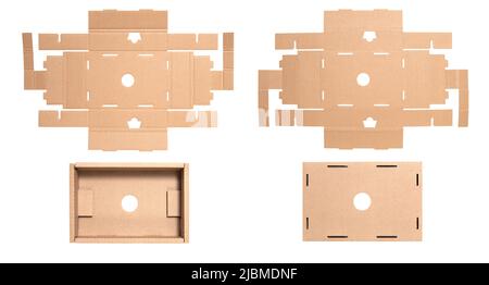 Modello di confezione in scatola di carta marrone su sfondo bianco. Cartone recto e verso con disegno fustellato. Foto Stock