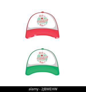 Cappucci rossi e verdi isolati. Logo realizzato in marocco e stampa arabescata per abiti. Bandiera marocchina. Illustrazione vettoriale. Logo isolato Illustrazione Vettoriale