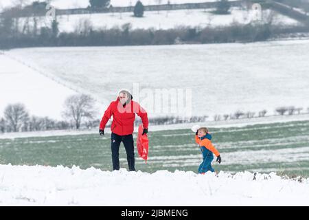 Brighton, 1st 2019 febbraio: Il primo giorno di febbraio ha comprato la gente fuori giocare nella neve ai South Downs, al Dike del Diavolo, vicino Brighton Foto Stock