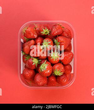 Fragole mature in un fusto di plastica Foto Stock