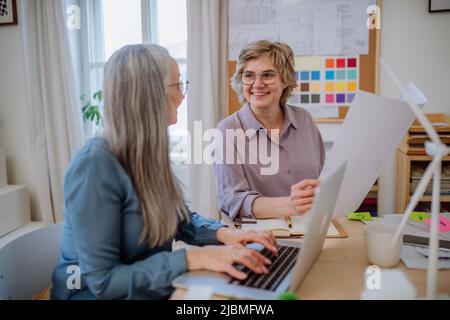 Le donne anziane sono eco architetti con progetti che lavorano insieme su un notebook in ufficio. Foto Stock