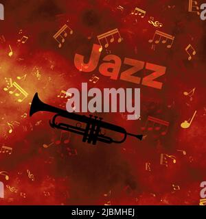 Tromba e sfondo di note musicali per Jazz Music Concept Foto Stock