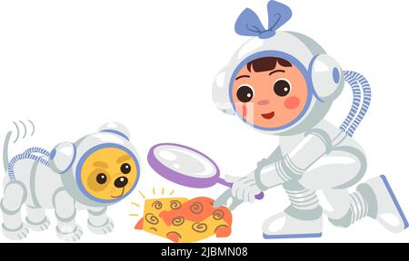 Bambino e cane nello spazio vestito scoprire. Esploratori dello spazio dei cartoni animati Illustrazione Vettoriale