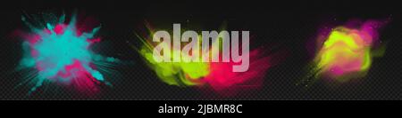 Polvere Holi dipinge, nuvole colorate o esplosioni, spruzzi d'inchiostro, decorativo vibrante colorante per festival isolato su sfondo trasparente, tradizionale i Illustrazione Vettoriale