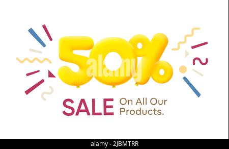 Offerta speciale vendita 50% sconto 3D numero giallo tag voucher illustrazione vettoriale. Sconto stagione etichetta 50% di sconto promozione pubblicità estate vendita coupon promo marketing banner vacanza week-end Illustrazione Vettoriale