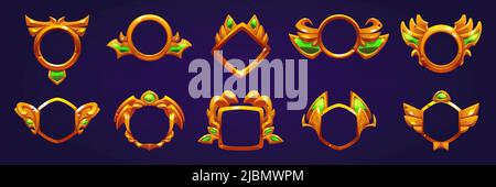 Telai avatar dorati, distintivi premio del vincitore del gioco isolati sullo sfondo. Set di cartoni animati vettoriali vuoti con bordi dorati decorativi Illustrazione Vettoriale