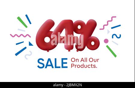 Speciale estate vendita banner 64% di sconto in forma di 3D palloncini Red Vector design stagionale shopping promo pubblicità illustrazione 3D numeri per tag offerta etichetta godere sconti fino al 64% di sconto Illustrazione Vettoriale