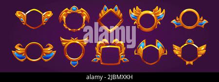 Telai avatar dorati, distintivi premio del vincitore del gioco isolati sullo sfondo. Set di cartoni animati vettoriali vuoti con bordi dorati decorativi Illustrazione Vettoriale